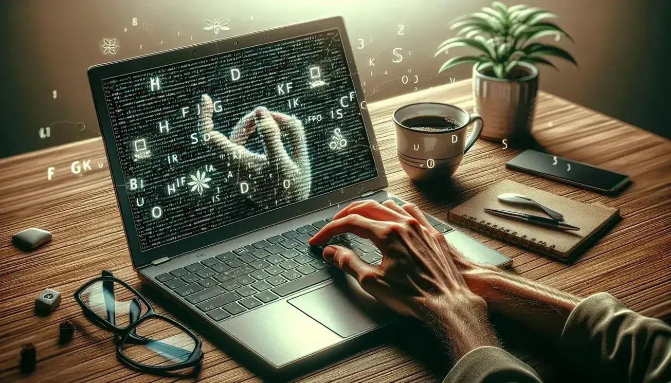 Hands typing on a laptop keyboard on wooden desk, with cup of coffee, green plant and eyeglasses on blurred background.