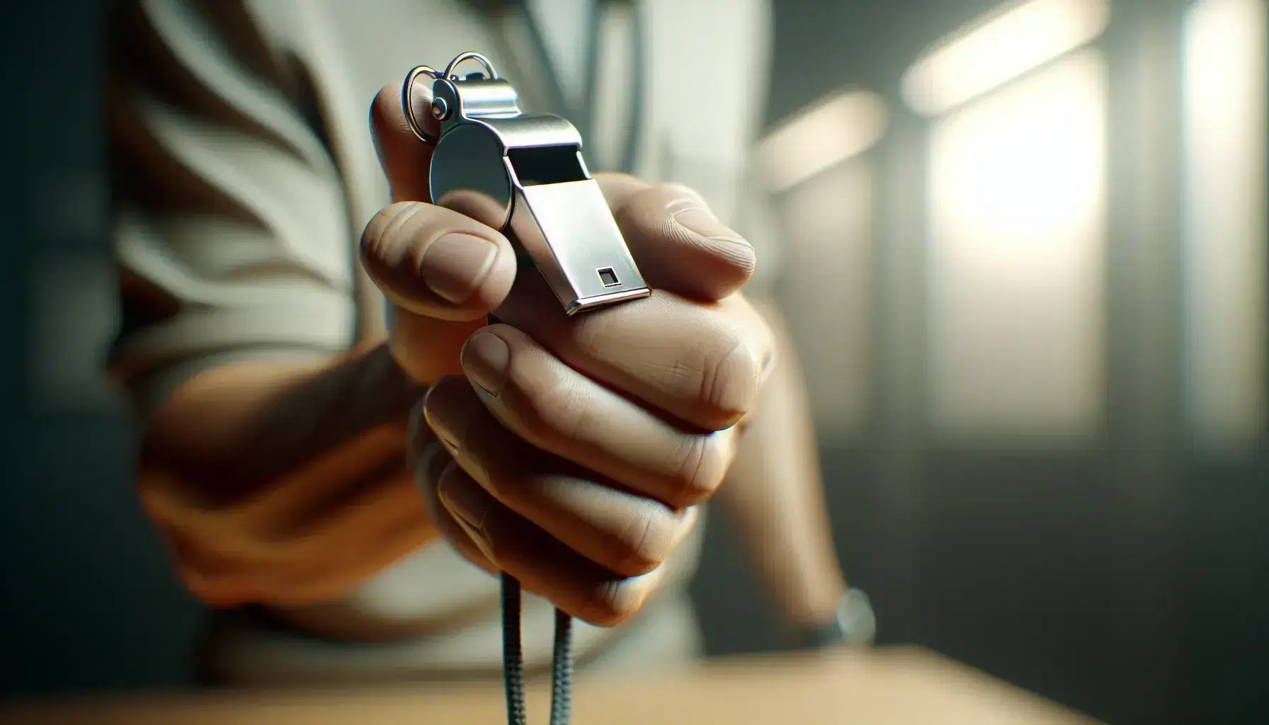 Close-up view of a hand poised to blow a silver whistle, fingers gripping firmly, with a blurred office-like background.