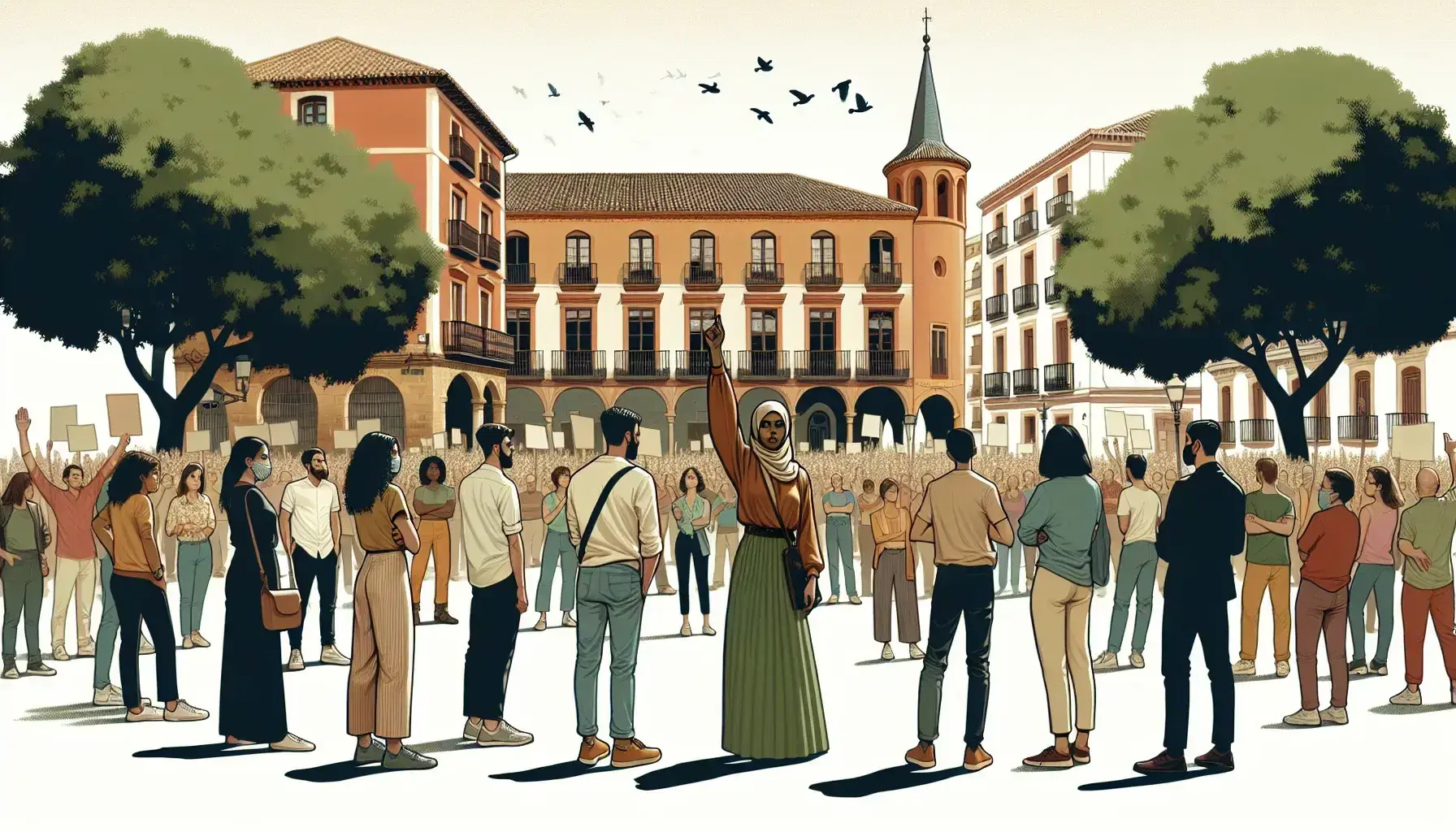 Peaceful multiethnic demonstration in a Spanish city square with a Middle-Eastern woman leading, surrounded by diverse attendees under a clear blue sky.
