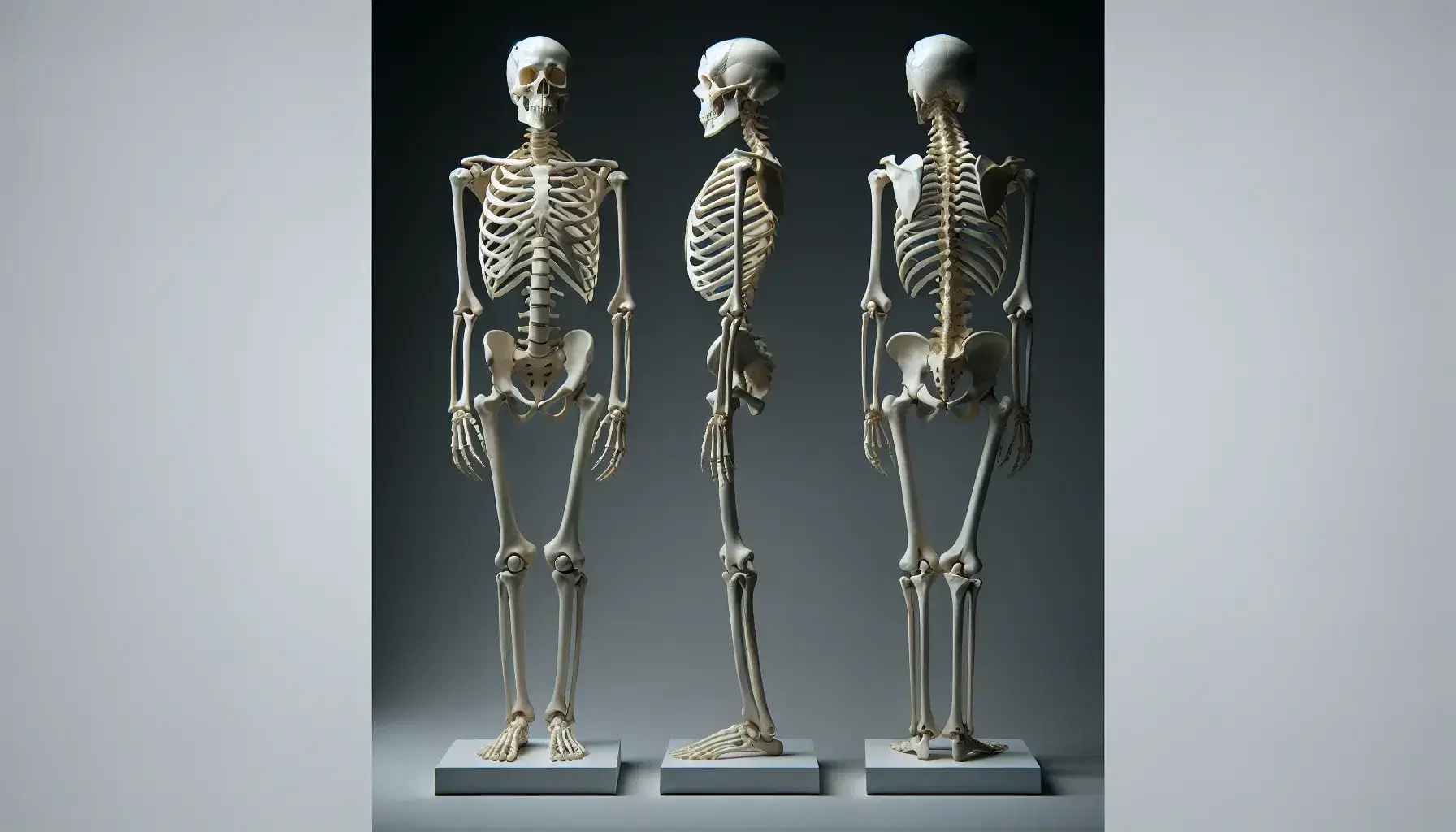 Esqueleto humano completo en posición vertical sobre base plana, mostrando detalle de huesos, cráneo con cavidades oculares y dientes, sin tejidos blandos.