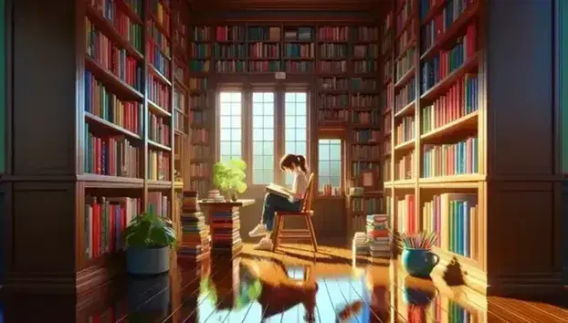 Ragazza legge concentrata in biblioteca con grande libreria piena di libri colorati, finestra illuminante, pianta verde e oggetti su tavolino.