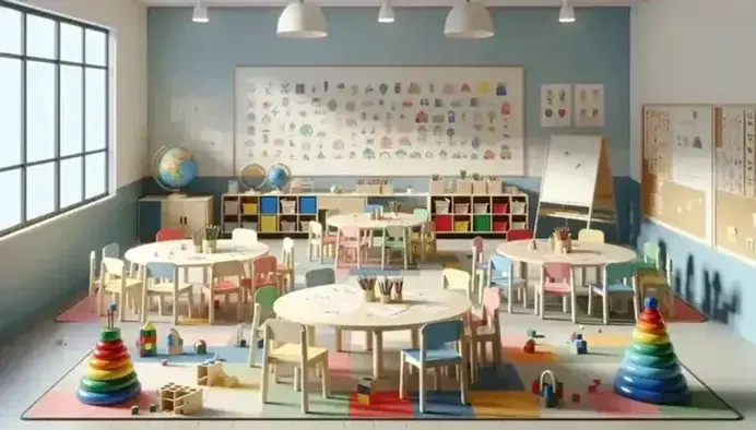 Aula scolastica colorata con tavolo rotondo, sedie multicolori, tappeto geometrico, bambini che giocano con blocchi di legno e mobili con oggetti educativi.