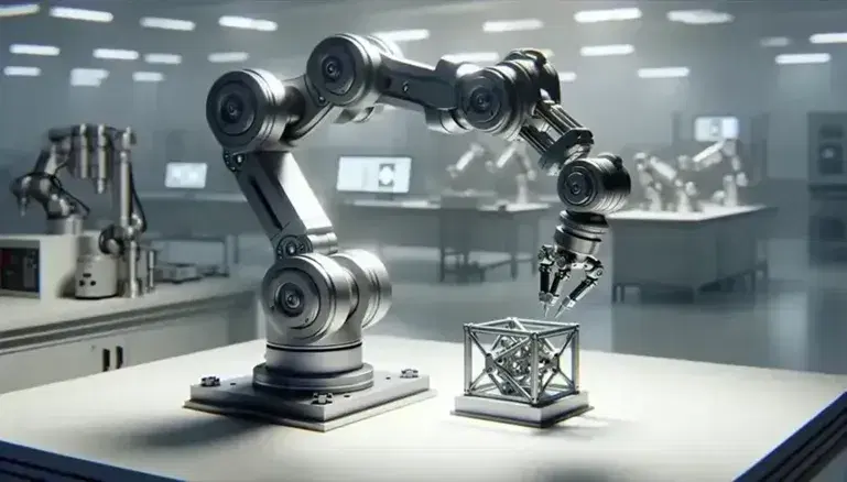 Articulated robotic arm with open gripper above a geometric object on laboratory bench, uniform lighting, blurred background with equipment.
