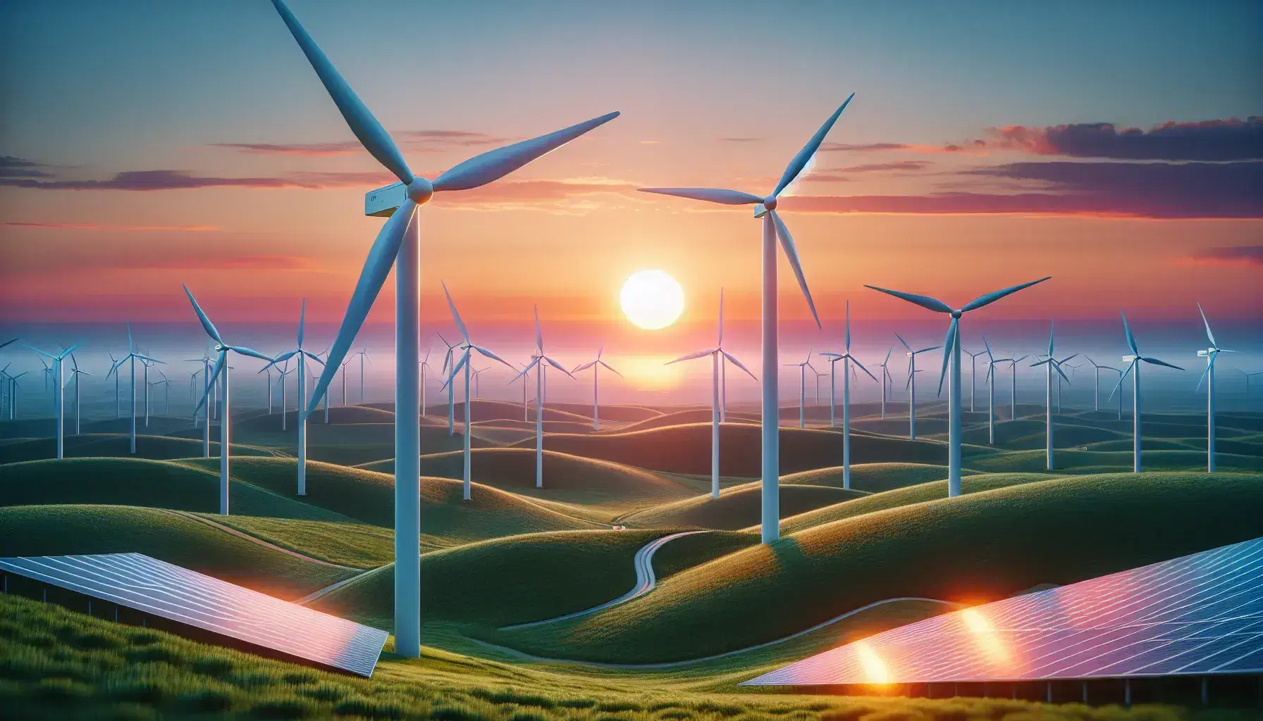 Modern wind farm at sunset with white turbines on green hills and reflective solar panels, orange and pink gradient sky.