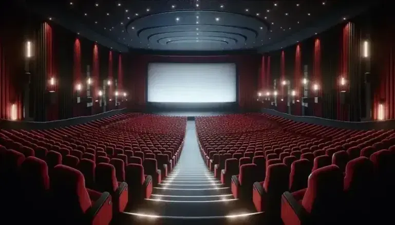 Butacas de terciopelo rojo vacías en un cine clásico con pantalla blanca grande y cortinas oscuras, iluminación tenue y sin personas.