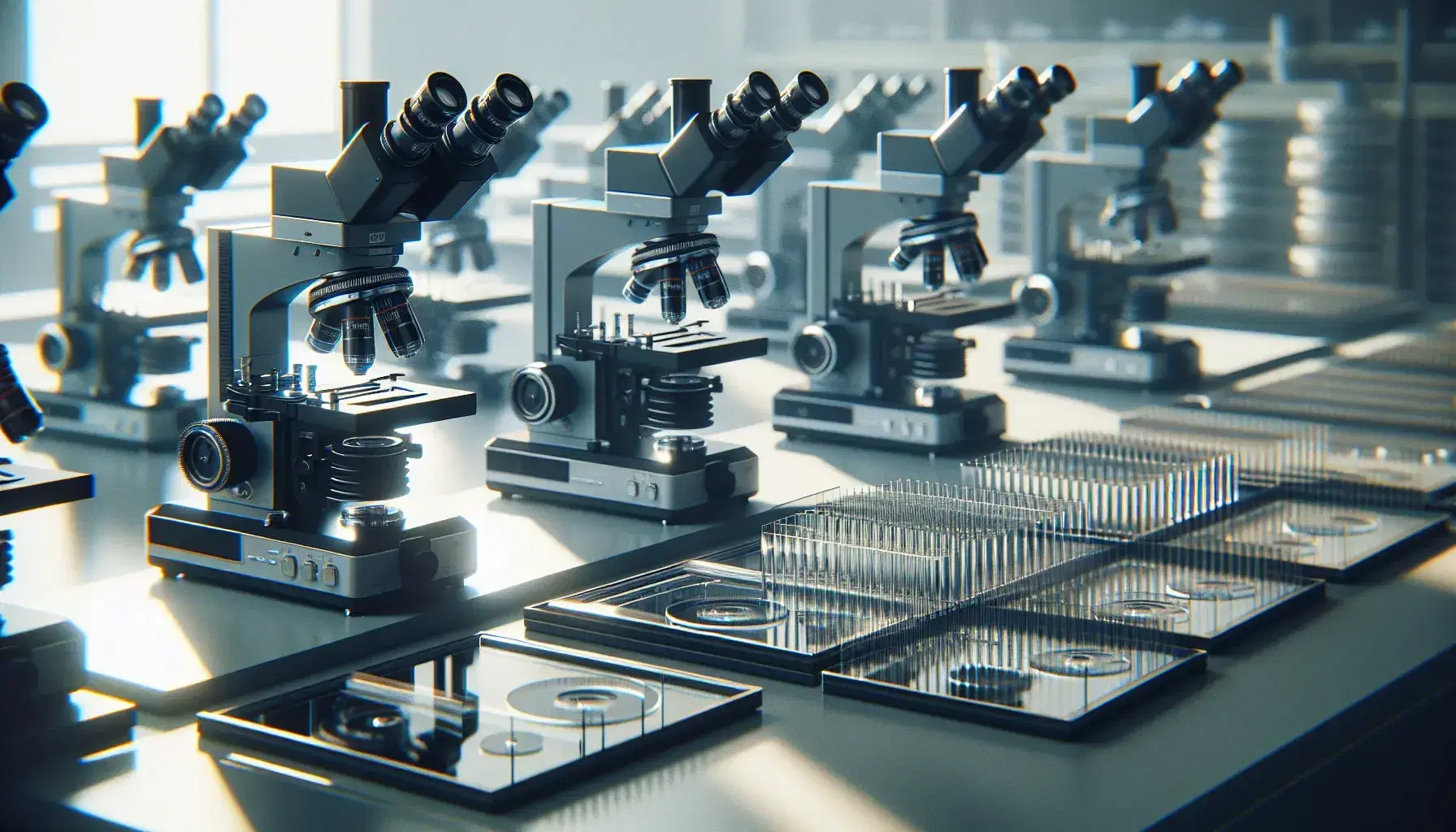 Microscopios de laboratorio alineados en mesa de trabajo con portaobjetos de vidrio en primer plano, iluminación suave y fondo blanco desenfocado.