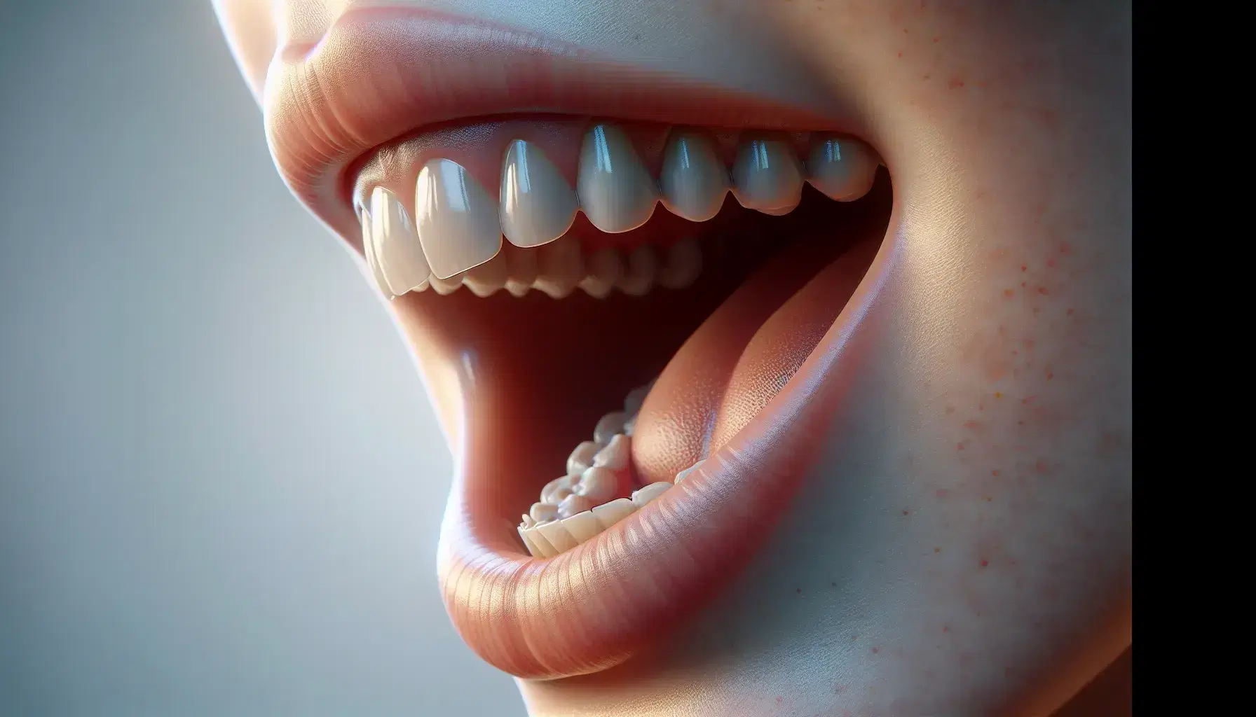 Close-up profile view of a human mouth with lips slightly parted, teeth clenched, and tongue relaxed, set against a soft blue to cream gradient background.