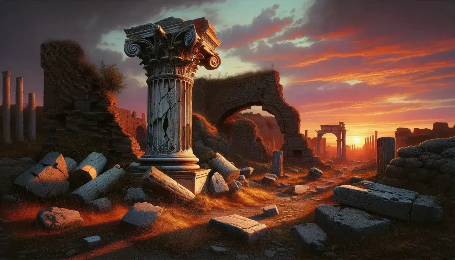 Tramonto arancione illumina rovine romane con colonna corinzia erosa e archi crollati, evocando solitudine e grandezza passata.