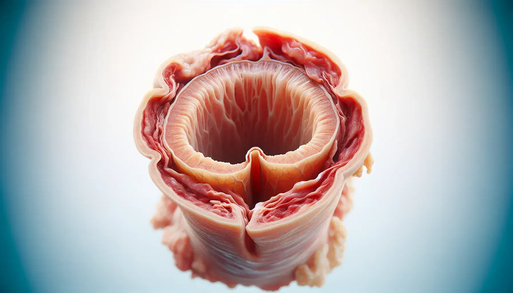 Vista cercana de la tráquea humana con anillos cartilaginosos amarillentos y tejidos rosados, reflejando la anatomía tráqueal sin sangre ni incisiones.
