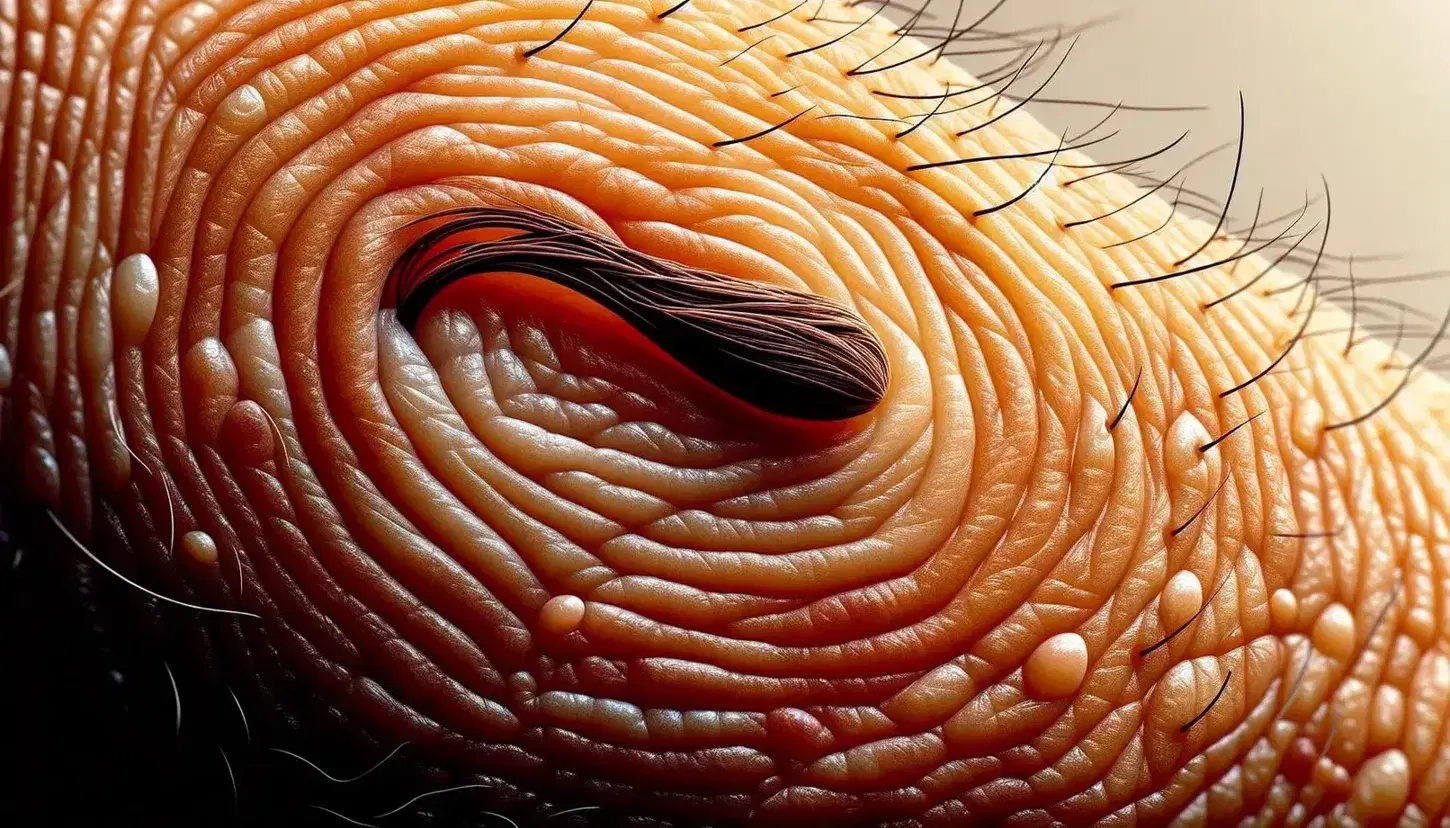Primer plano de piel humana mostrando textura y poros, con variación de pigmentación y detalle de cabello emergiendo de folículo.