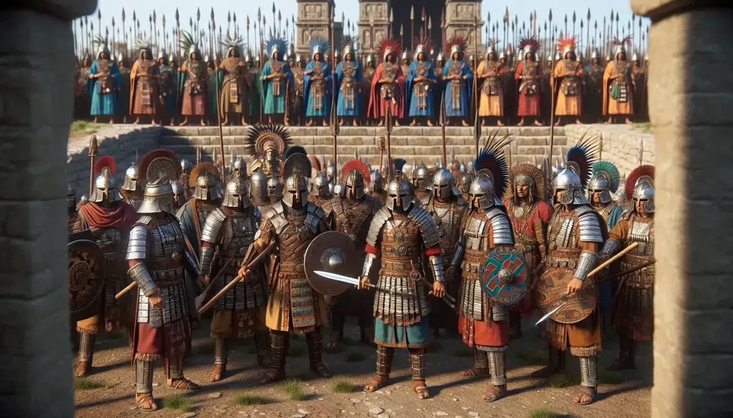 Encuentro entre guerreros con armaduras metálicas y cascos frente a indígenas con atuendos coloridos, headdresses de plumas y joyería dorada, cerca de una pirámide mesoamericana bajo un cielo azul.