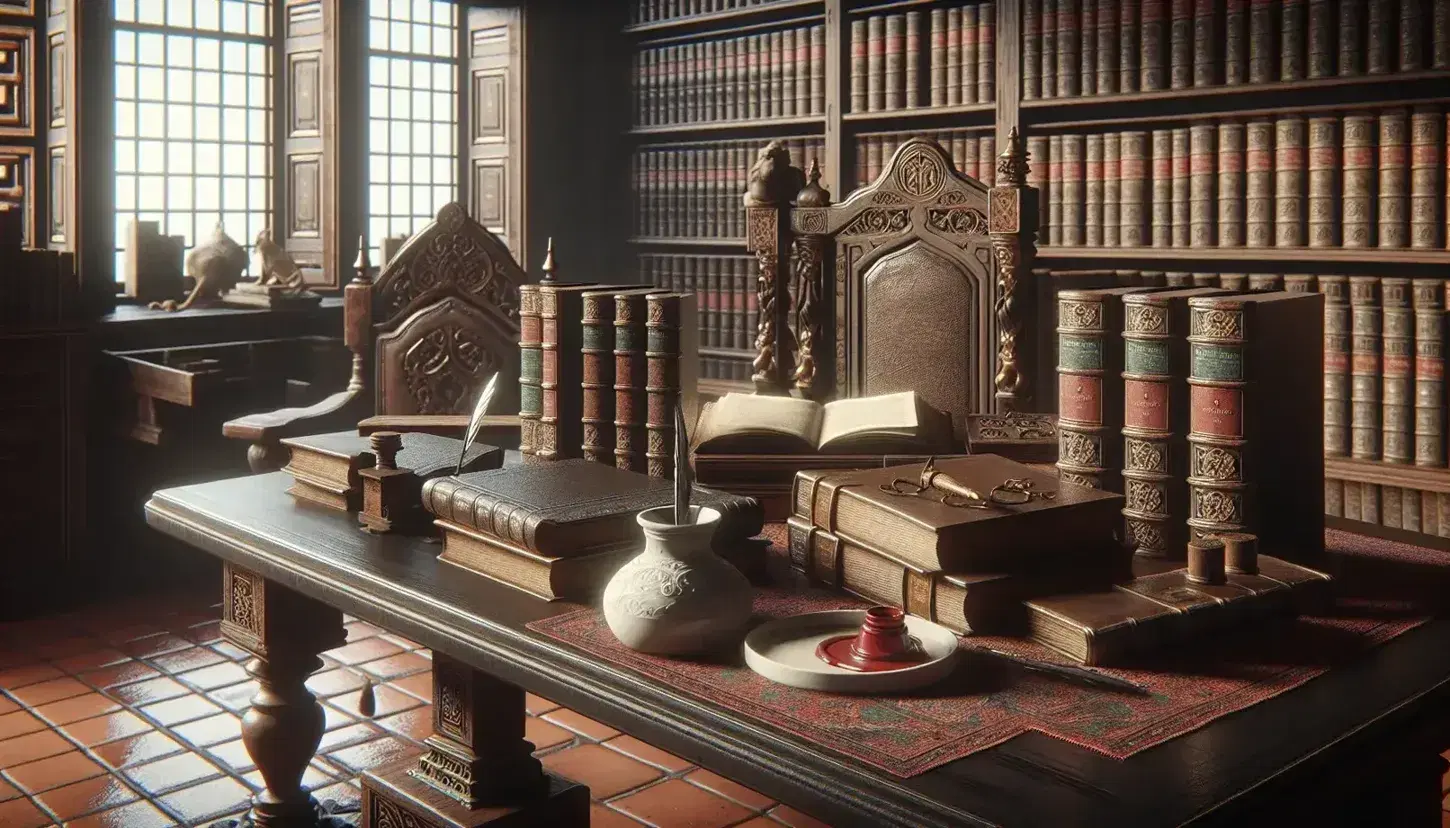 Escena de biblioteca antigua con mesa de madera oscura, libros encuadernados en cuero, tintero de porcelana, sello de cera y silla tallada, iluminada por luz suave.