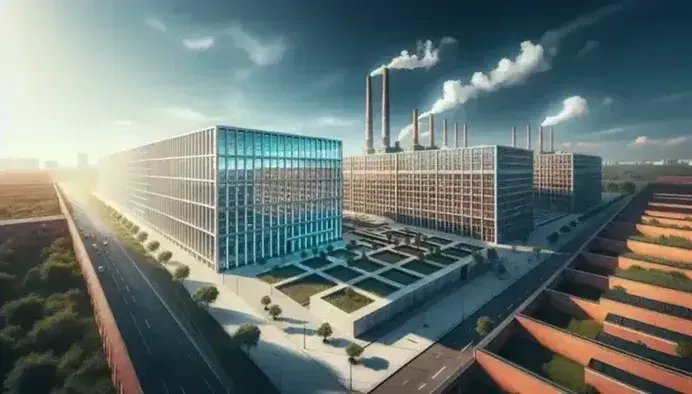 Vista aerea di edifici contrastanti: struttura moderna con pareti vetrate accanto a fabbrica con ciminiere e pareti in mattoni rossi, separati da area verde.