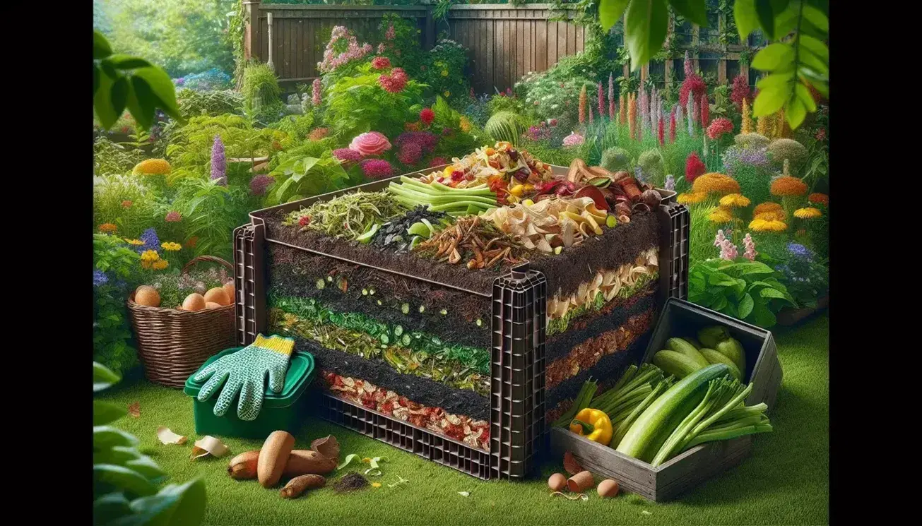 Brown plastic composter with layers of green and brown waste, fertile soil in flower garden, gloves and shovel next to it.