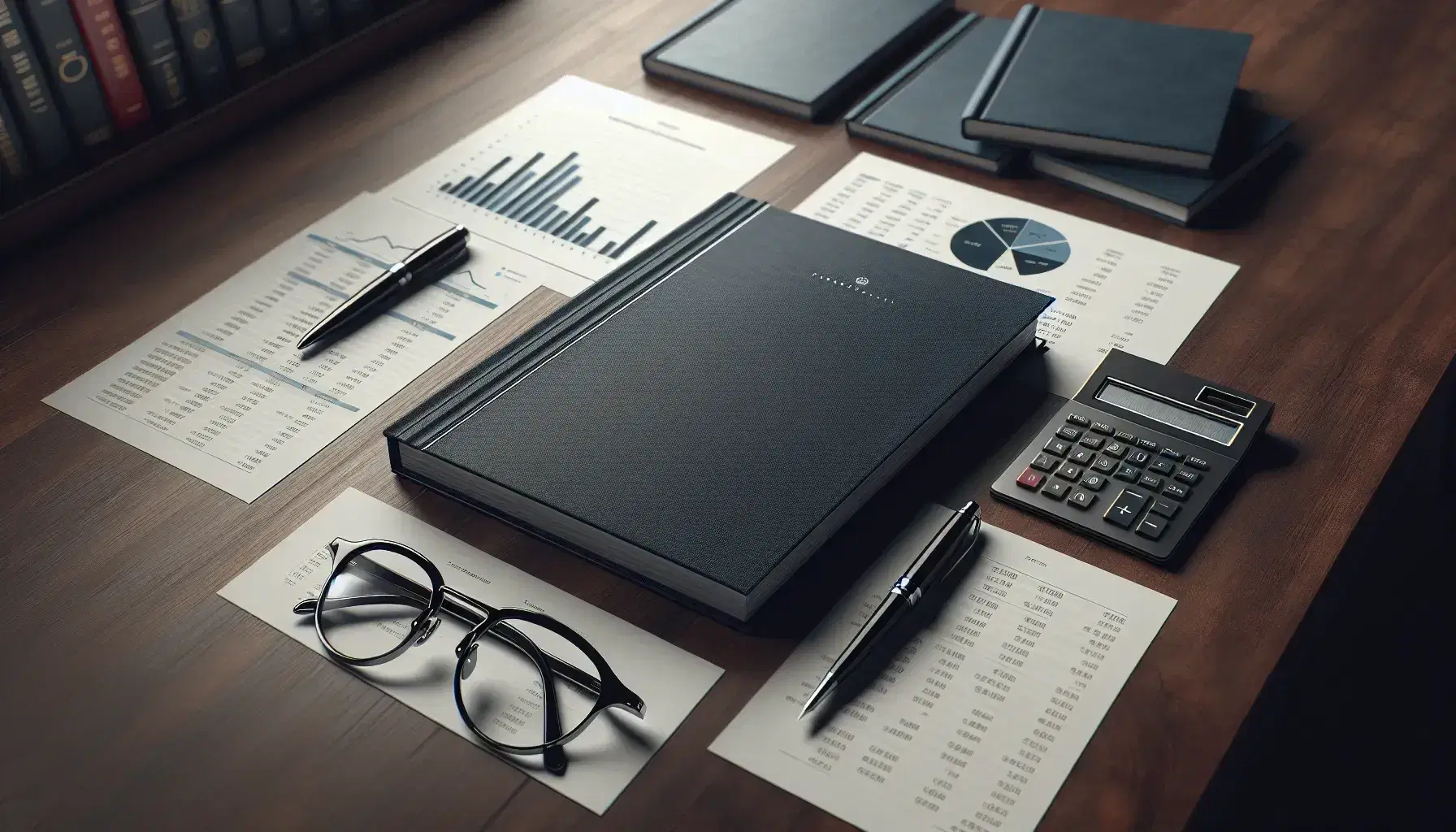 Scrivania in legno scuro con report finanziario blu, calcolatrice grigia, penna stilografica nera e fogli bianchi sparsi, occhiali da lettura e libreria sfocata sullo sfondo.