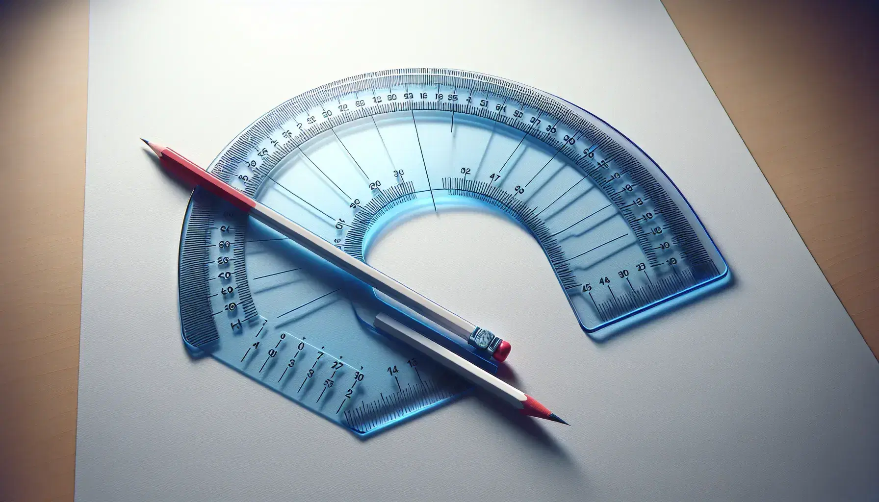 Close-up view of a transparent blue protractor on white paper with a red and a black pencil intersecting to form an acute angle.
