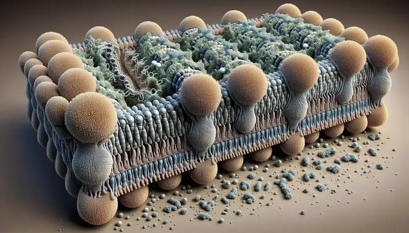 Rappresentazione dettagliata di una membrana cellulare con fosfolipidi, proteine e carboidrati, evidenziando la struttura bilayer e le interazioni molecolari.
