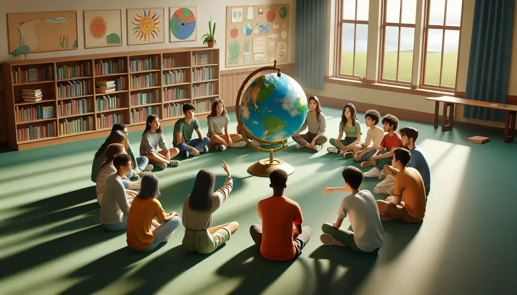 Estudiantes diversos sentados en círculo en un aula, interactuando con un globo terráqueo sobre un tapete verde, con estanterías de libros al fondo.