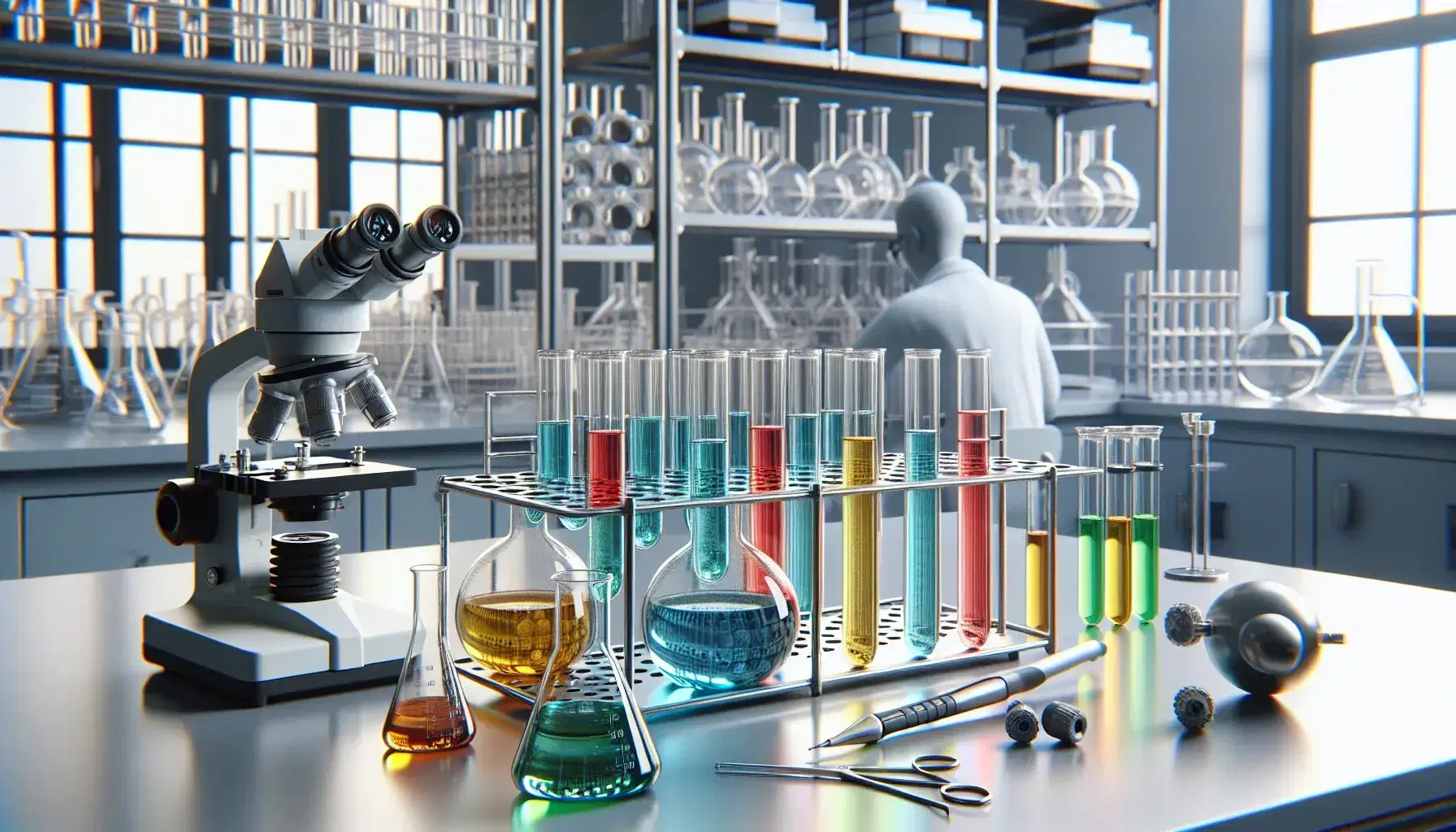 Laboratorio científico con tubos de ensayo de colores en estante metálico, microscopio plateado y científico con bata usando pipeta.