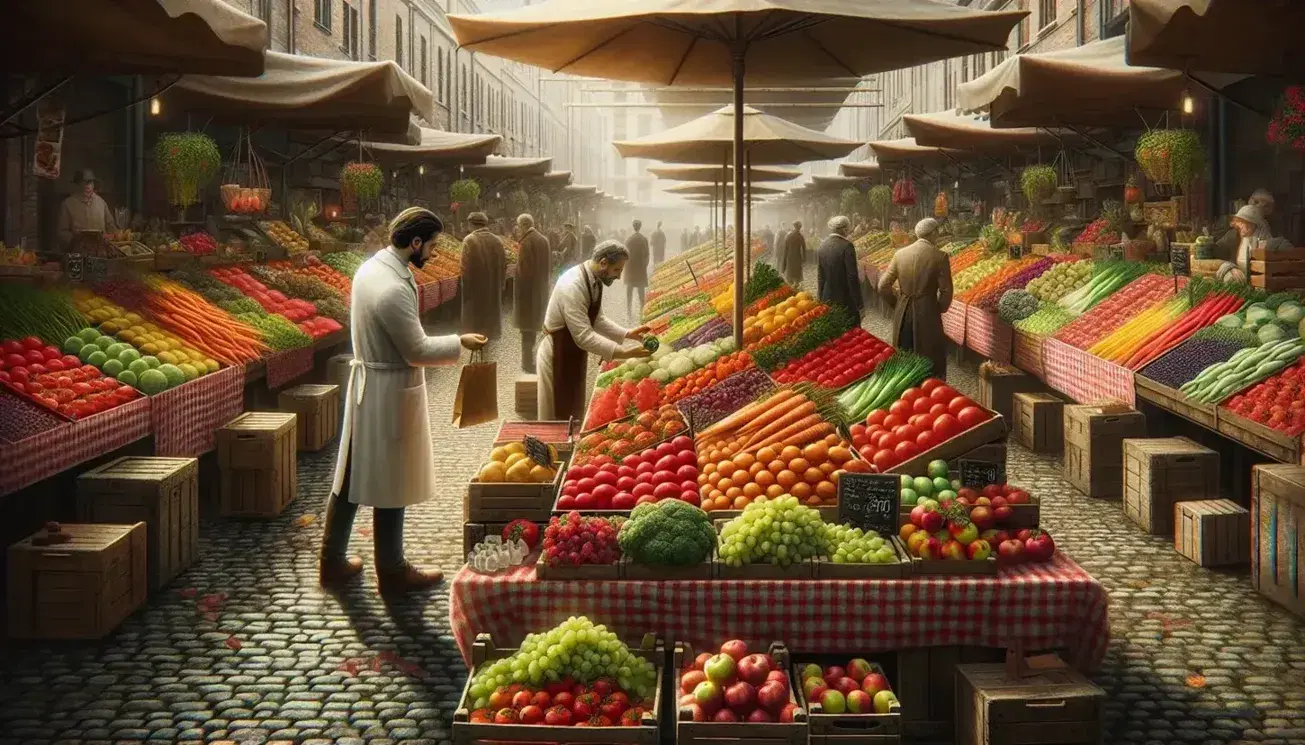 Mercado al aire libre con frutas y verduras frescas en cajas de madera, cliente recibiendo bolsa de compra de vendedor en bata blanca.