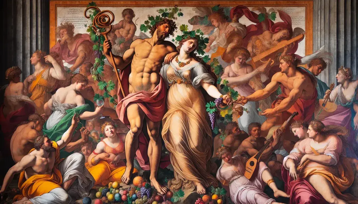 Affresco di Annibale Carracci 'Il Trionfo di Bacco e Arianna' con figure mitologiche, danzatori e musicisti in tonalità calde.