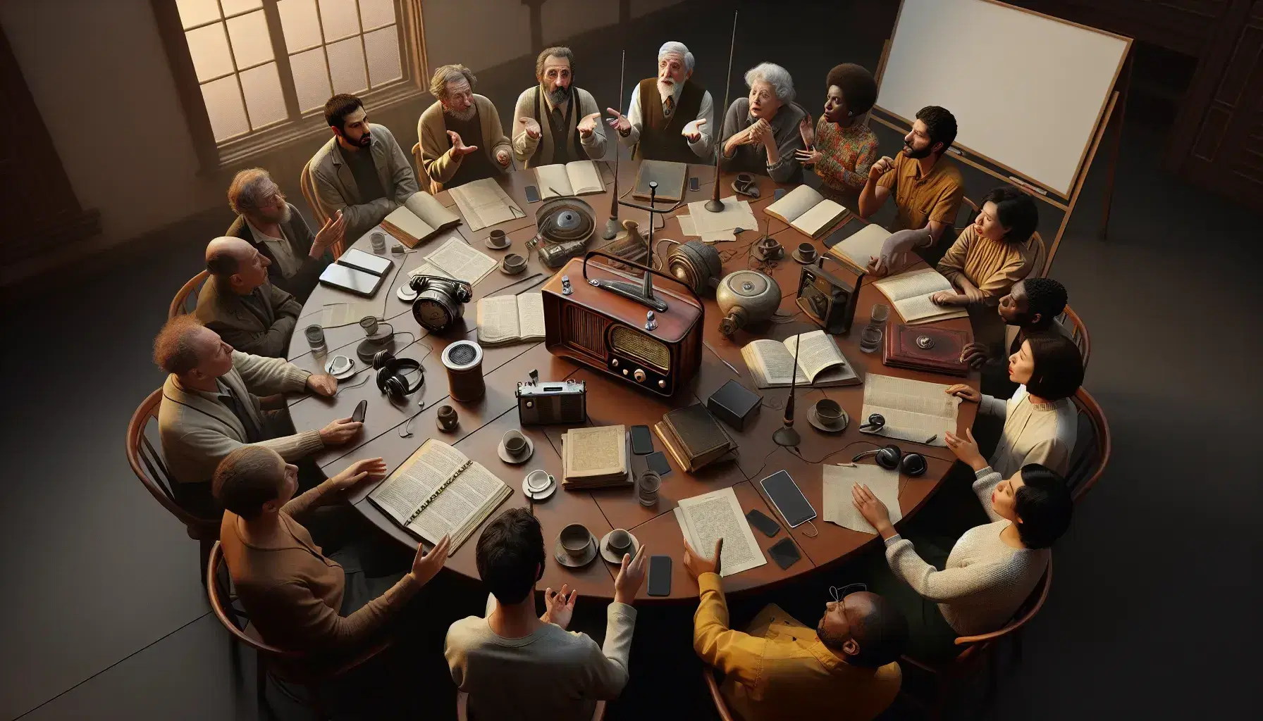 Grupo diverso de personas en animada discusión alrededor de una mesa con libro, smartphone, radio antiguo, periódico y auriculares, en un ambiente cálido e iluminado.