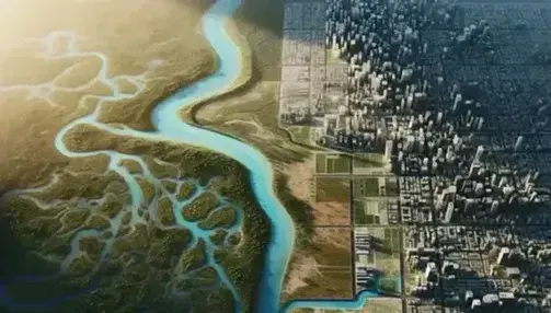 Vista aérea de un río serpenteante con vegetación aledaña y una ciudad con edificios variados y espacios verdes bajo un cielo despejado.