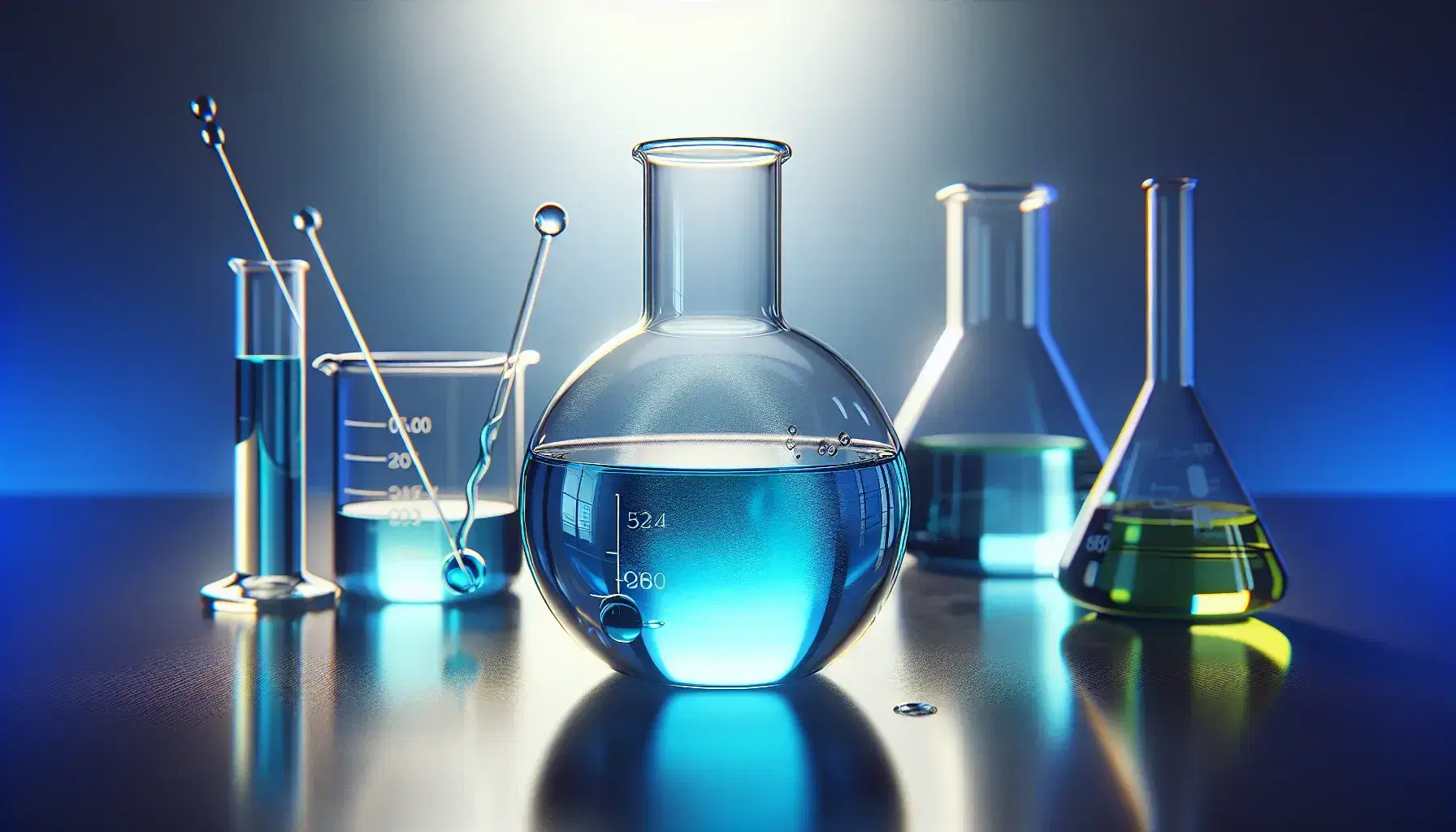 Transparent glass bottle on reflective surface with blue liquid and stirring stick, blurred laboratory equipment in the background.