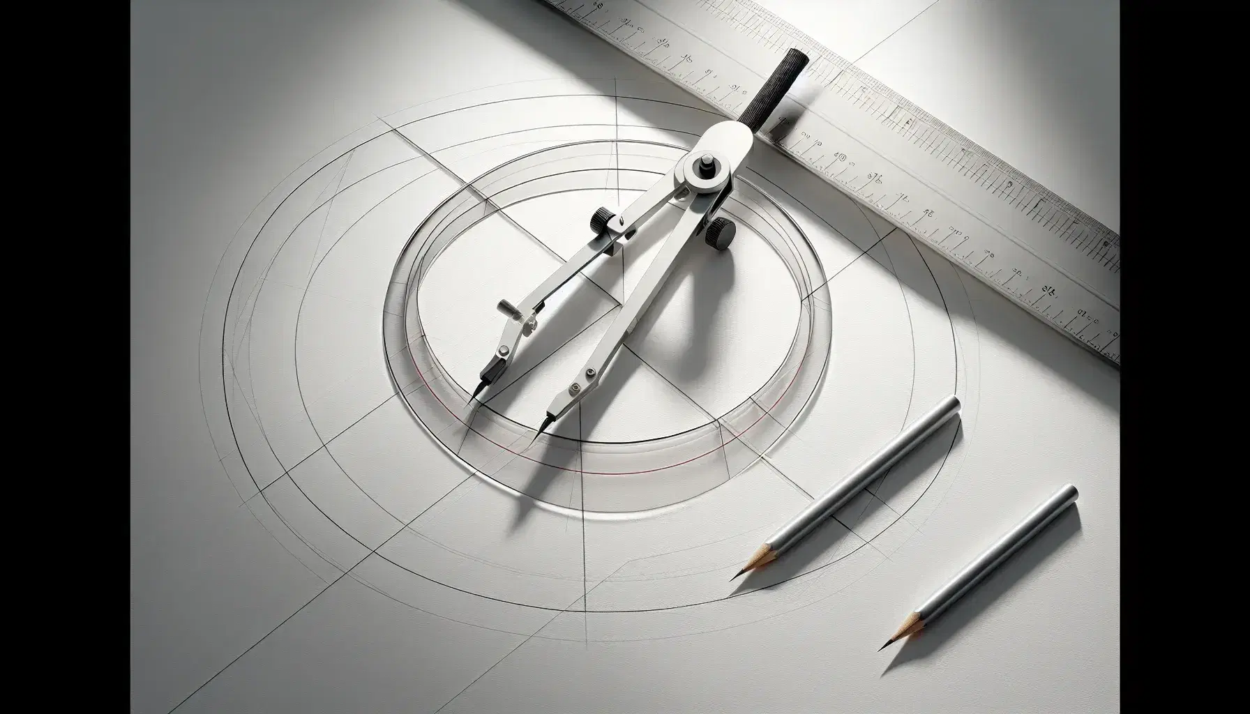 Geometric drawing with compass on paper, featuring a circle with a diameter and perpendicular bisector, alongside a ruler and protractor.