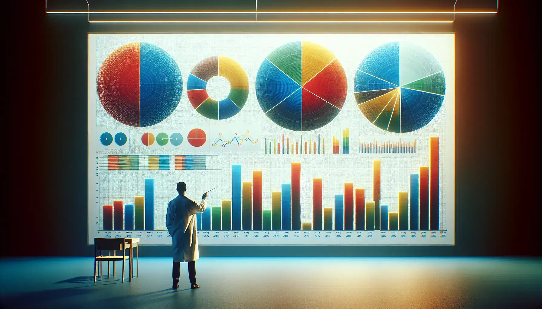 Grafici a torta e a barre colorati su lavagna con figura sfocata in camice bianco che indica i dati, in ambiente di analisi.