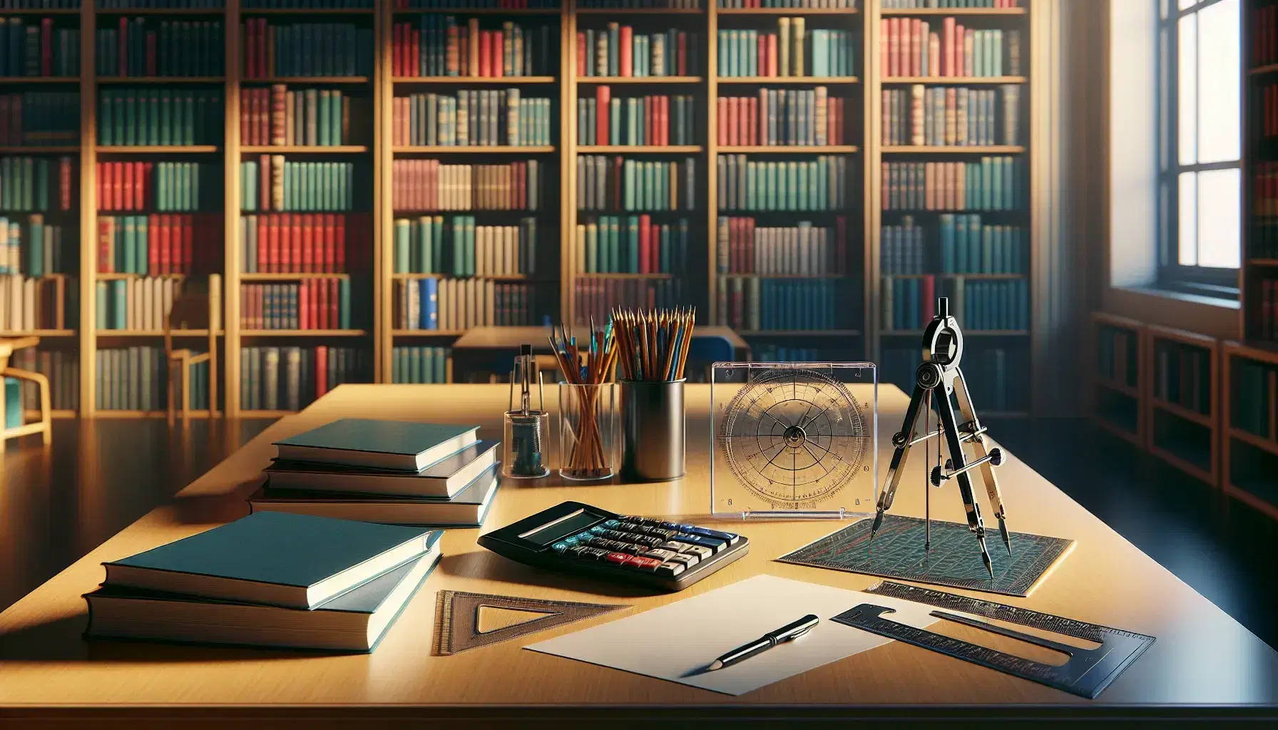 Tavolo in legno chiaro con calcolatrice scientifica, compasso metallico, righello trasparente, squadre e matita in biblioteca scolastica.