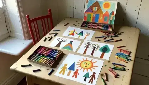 Mesa de madera clara con dibujos infantiles en papel y caja de crayones abierta, sillas de plástico rojo y pared blanca al fondo.