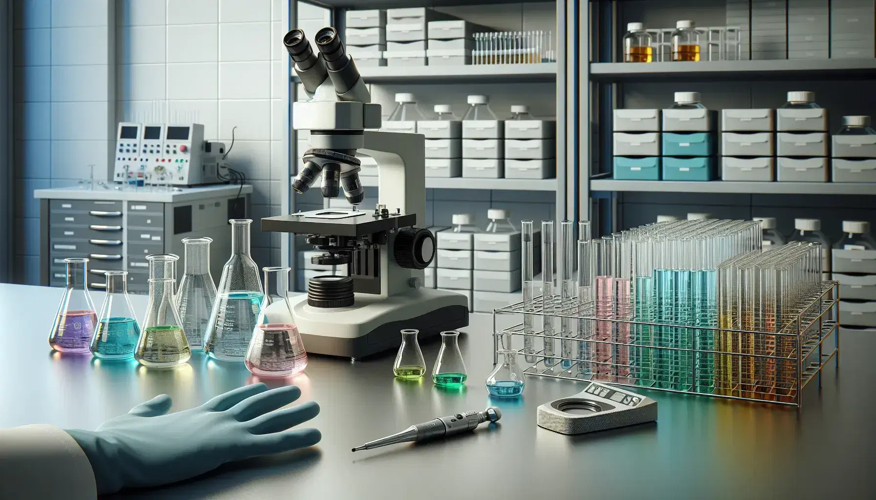 Laboratorio de biotecnología con matraces Erlenmeyer de líquidos coloridos, microscopio moderno, pipetas automáticas y plato de Petri con medio de cultivo y colonias bacterianas.