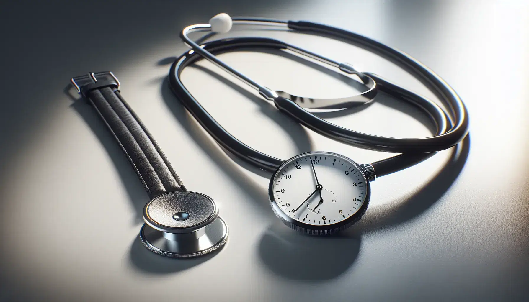 Estetoscopio metálico con tubos negros y diafragma de goma sobre superficie blanca junto a reloj de pulsera con correa de cuero negro.
