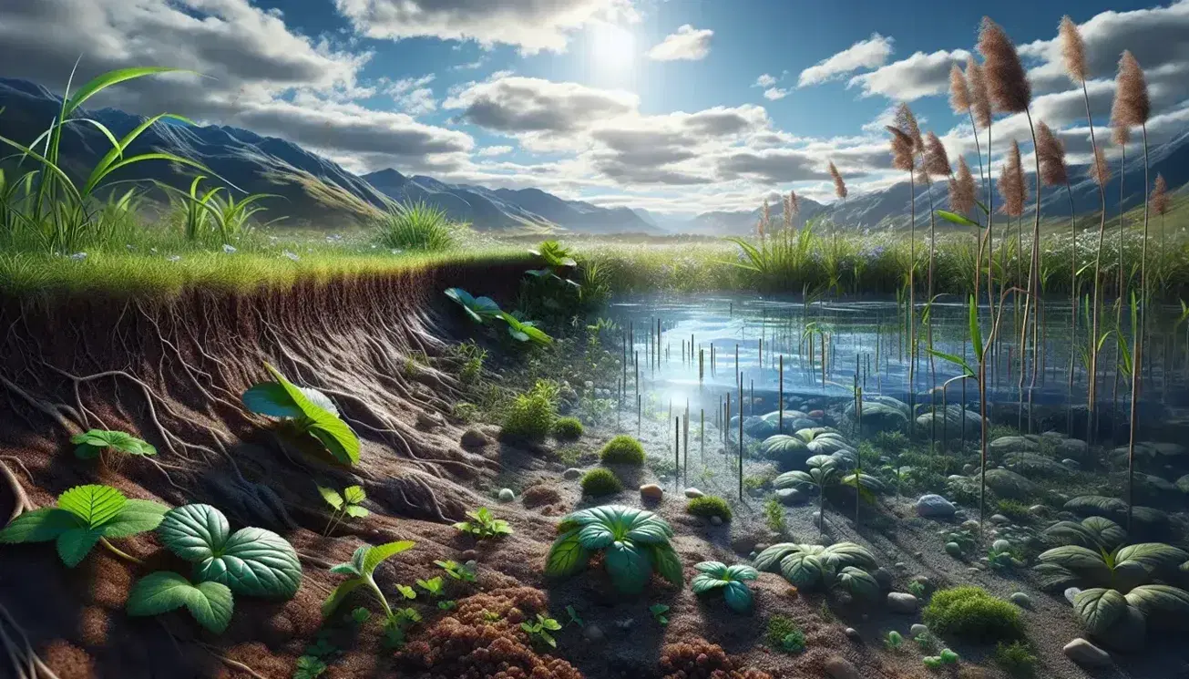Paisaje natural con suelo fértil, variedad de plantas verdes, cuerpo de agua sereno, montañas al fondo y cielo despejado.