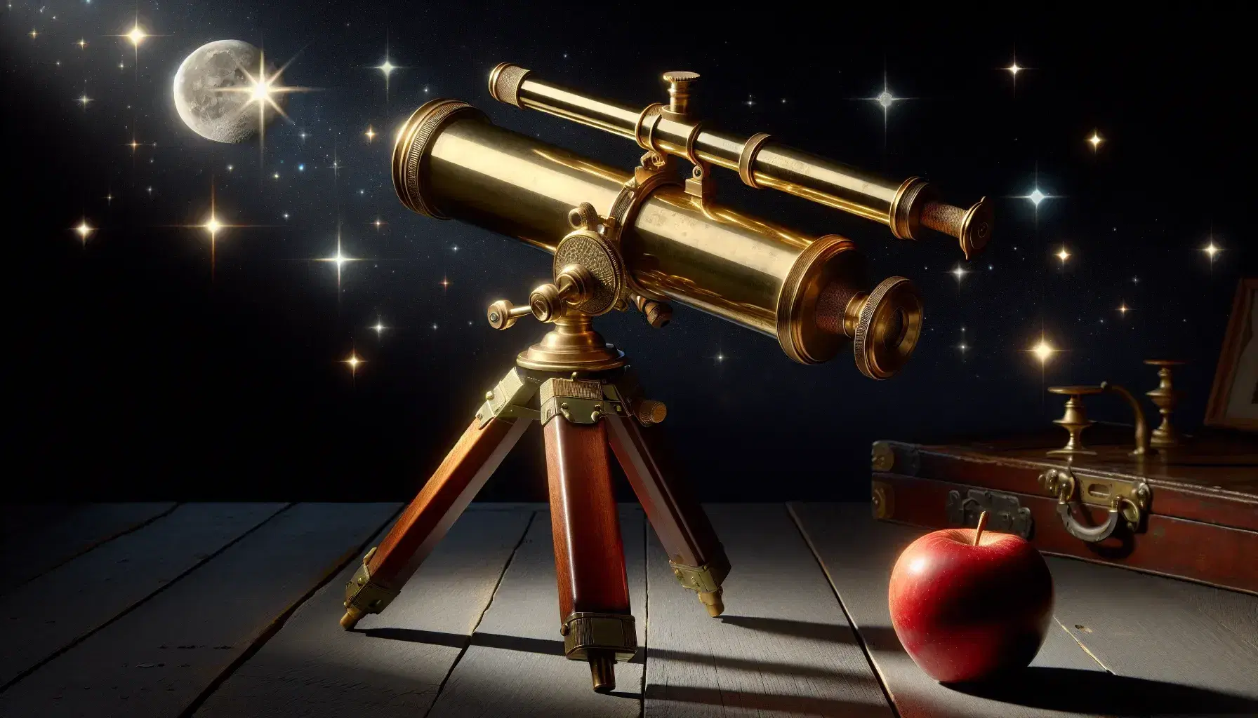 Telescopio antiguo de latón con acabado dorado y patas de madera ajustables apuntando al cielo nocturno estrellado y luna creciente, junto a una manzana roja sobre mesa de madera.