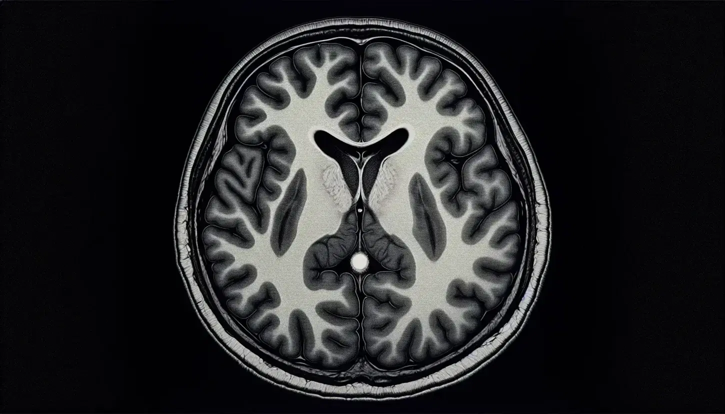 Resonancia magnética cerebral mostrando sección transversal con áreas de distintas densidades y una zona blanca central que sugiere una anomalía.