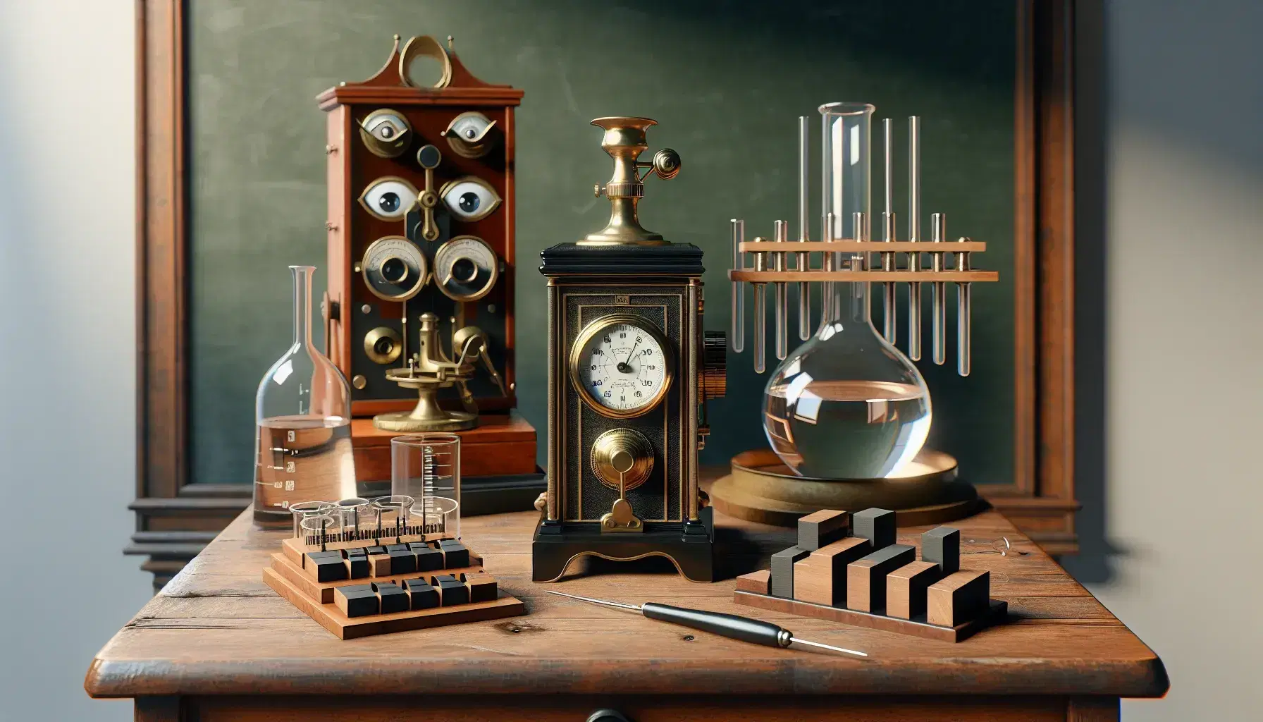 Historical psychological laboratory with brass stopwatch, wooden blocks, beaker with clear liquid, glass rod and stereoscope on desk.