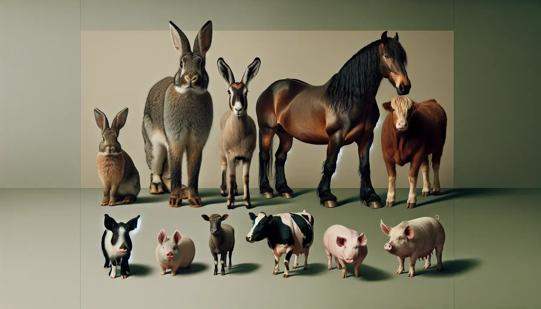 Coniglio grigio, capra marrone con corna, cavallo marrone scuro, mucca maculata e maiale rosa in fila su sfondo neutro.