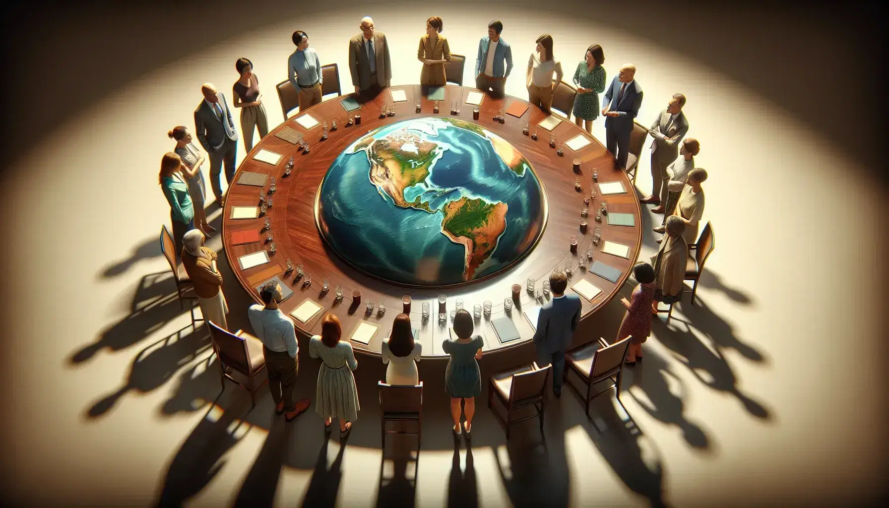 Grupo diverso de personas discutiendo alrededor de una mesa con un globo terráqueo en el centro, reflejando colaboración y estrategia global.