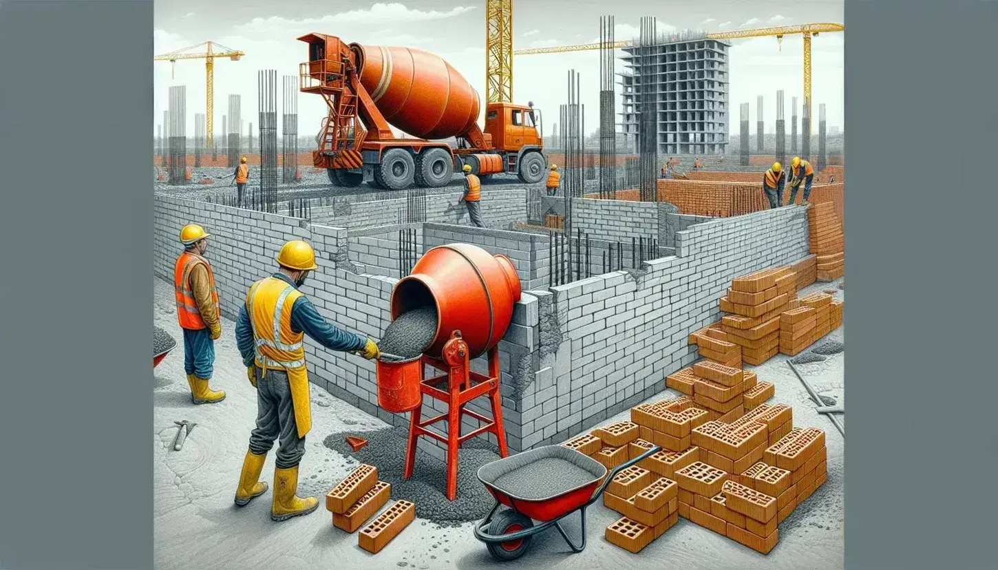 Construction workers actively engage at a site with one operating a red concrete mixer, another laying bricks, and a large yellow crane in the background.