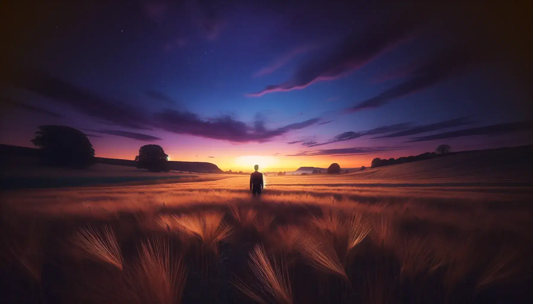 Paesaggio naturale al tramonto con campo di grano dorato e figura umana solitaria di spalle, colline e alberi in silhouette sullo sfondo.