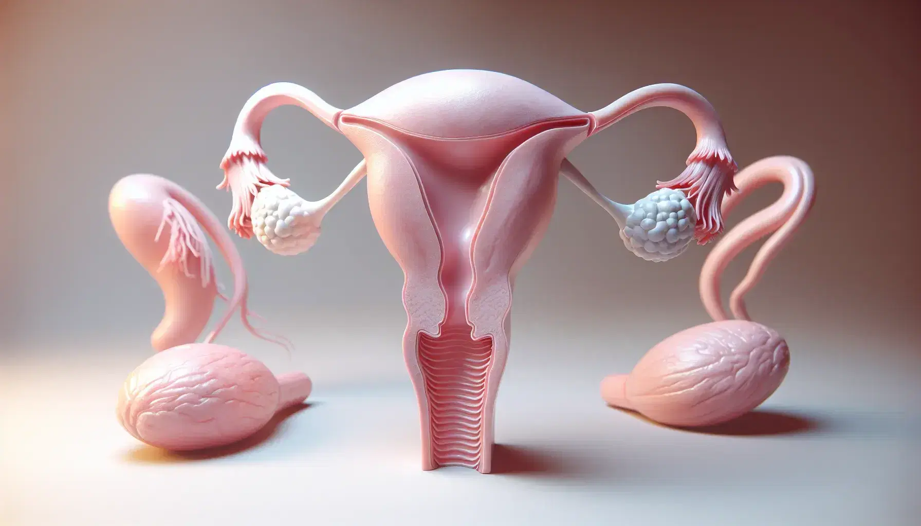 Modelo anatómico tridimensional del sistema reproductor femenino con útero, trompas de Falopio y ovarios, uno mostrando un folículo maduro.