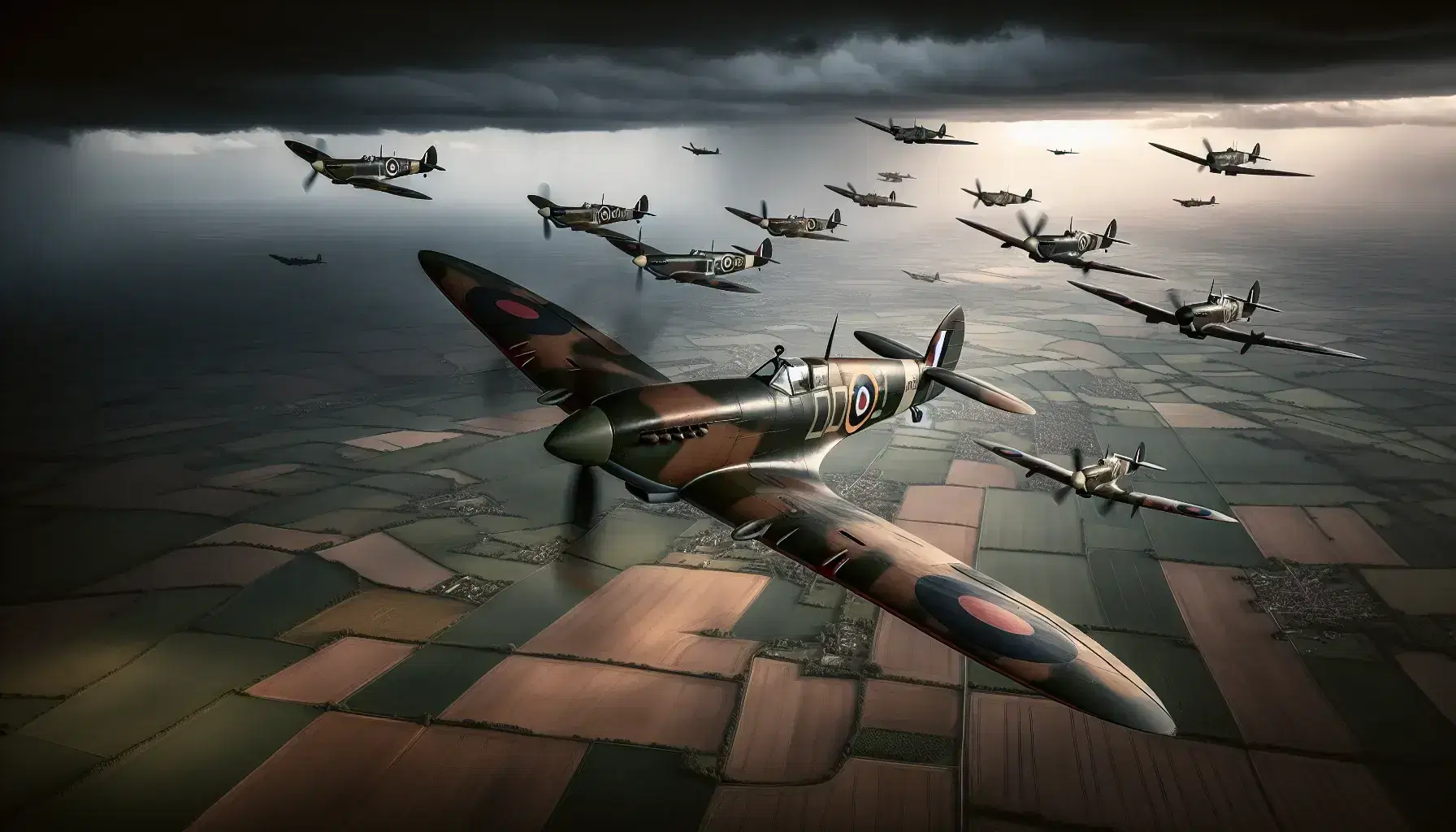 Stormo di aerei da combattimento Spitfire britannici in volo sotto un cielo tempestoso su campagna europea.