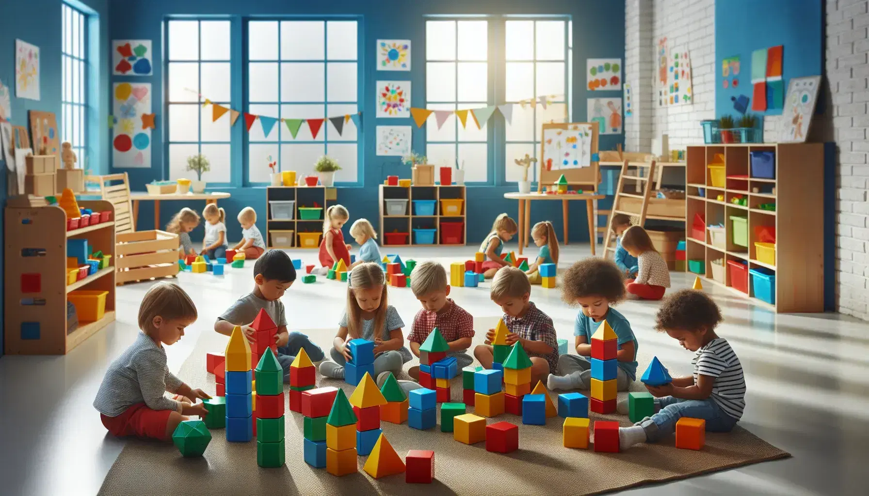 Niños pequeños concentrados jugando con bloques geométricos de colores en un aula luminosa, rodeados de estantes con materiales y decoración educativa.