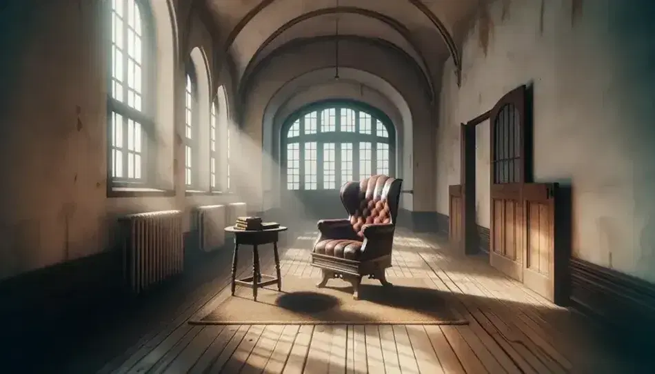 Quiet room of an old mental asylum with high ceilings and arched windows, antique red velvet psychiatrist's chair, coffee table with leather books.