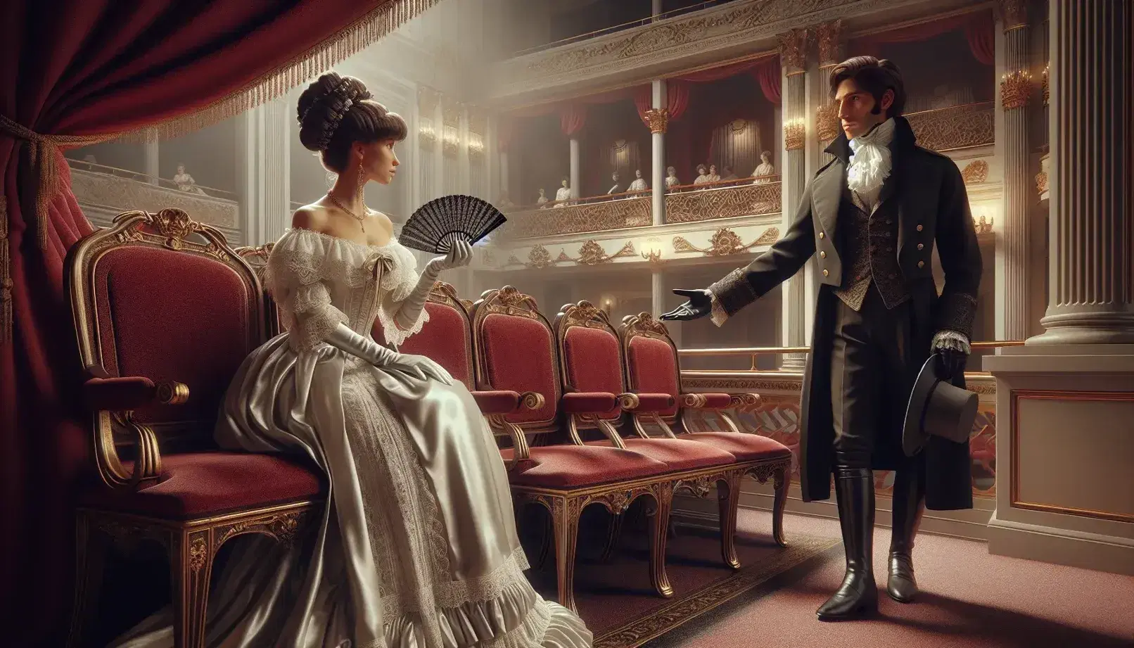 Escena de época en palco de ópera con mujer en vestido blanco y hombre en traje ofreciéndole la mano, sillas de terciopelo rojo y decoración dorada.