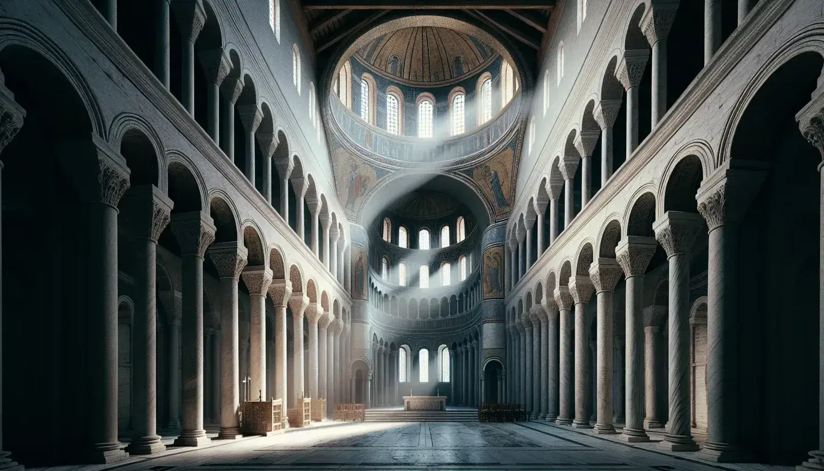 Interno di basilica paleocristiana con navata centrale marmorea, colonne con capitelli decorati, soffitto a travi scure e abside con mosaici.