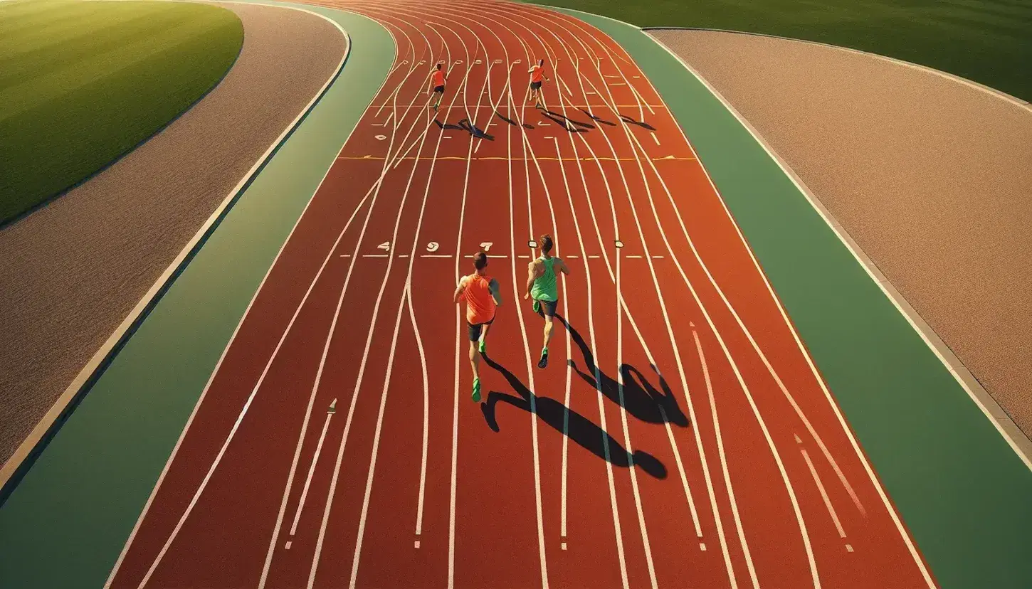 Pista de atletismo con superficie rojiza y corredor en movimiento, vestido con ropa deportiva colorida, rodeado de césped verde bajo un cielo azul despejado.