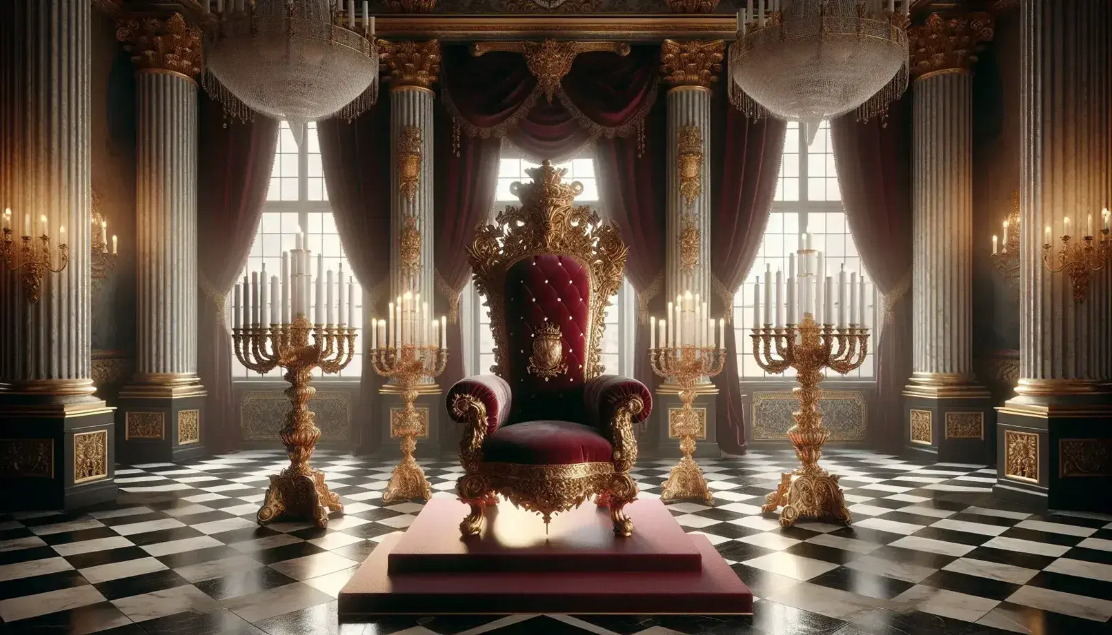 Opulent throne room with gilded throne, red velvet upholstery, checkerboard marble floor, ornate candelabras, and regal portraits.
